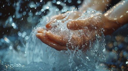 Hands thoroughly washing under a stream of water - obrazy, fototapety, plakaty