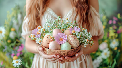 Easter Delight Woman with Linen Dress Holding a Bowl of Colorful Spring Eggs