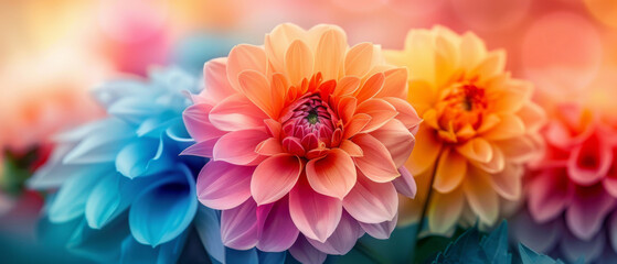Array of soft pastel-colored dahlias in full bloom, presenting a peaceful and calming floral scene.