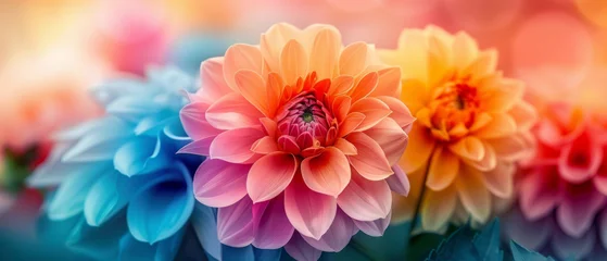 Deurstickers Array of soft pastel-colored dahlias in full bloom, presenting a peaceful and calming floral scene. © khonkangrua