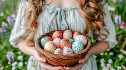 Fototapeta na wymiar Easter Delight Woman with Linen Dress Holding a Bowl of Colorful Spring Eggs
