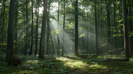 Fototapeta na wymiar A forest with sunlight shining through the trees