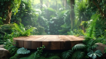 wooden podium stand, against the background of the jungle