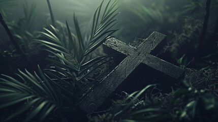 A cross is on a forest floor. The cross is surrounded by green leaves and moss.