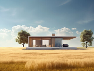 exterior of design single story modern house is contemporary in meadow. Generative AI.
