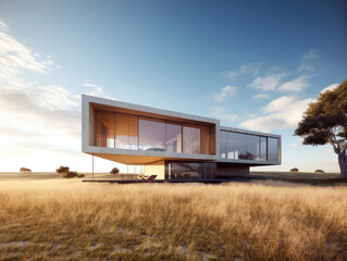 Fototapeta na wymiar exterior of design single story modern house is contemporary in meadow. Generative AI.