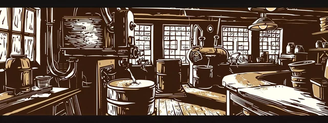 Fotobehang Rustic Brewery Charm, Vintage Distilling Room Etching, Design Illustration, Background for Beverage Branding, Historical Pub Themes, and Craft Beer Brewing, Winery, Cheese Making © Nina