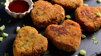 Heart-shaped vegetable cutlets arranged on a black slate plate against a white background