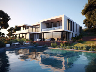 Fototapeta na wymiar Modern stylish home with a minimalistic design, and a swimming pool in the foreground. Modern minimalistic architecture. Generative AI.
