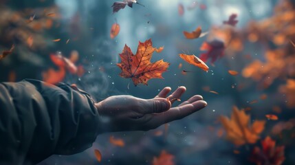 A calming image illustrating autumn mental health, with a person gently releasing an autumn falling leaf into the wind - obrazy, fototapety, plakaty