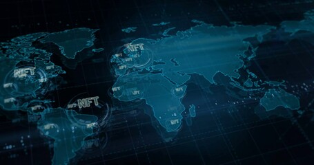 NFT non-fungible token crypto artwork investment symbols over world map. Seamless looped technology concept. - Powered by Adobe