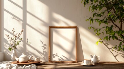A mockup frame scene set in a garden with an empty frame, a cup of coffee, and blooming flowers on a wooden surface.