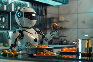 Robot cooking food at home, helper chef on kitchen future. Artificial intelligence technology robot cook, future lifestyle