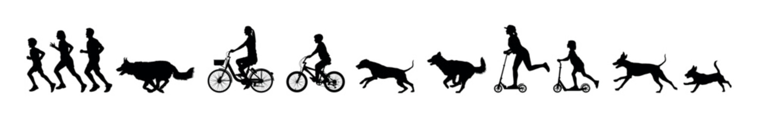 Black silhouette set of people sport activities outdoors with dogs vector illustration. People running cycling and riding scooter with dogs vector silhouettes. - obrazy, fototapety, plakaty