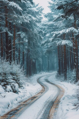 Obraz premium Country Lane in Winter Wonderlan, road adventure, path to discovery, holliday trip, Aerial view