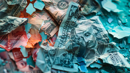 Discarded and crumpled US dollar bills on a conceptual global economic map with currency war implications.