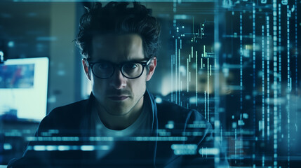 A young man at a laptop staring into a screen against a background of numeric codes.
