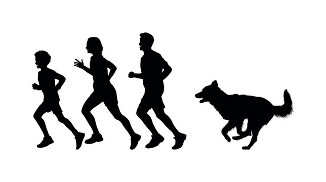 Family sport running with dog black silhouette. Group of people jogging with dog side view vector silhouettes.