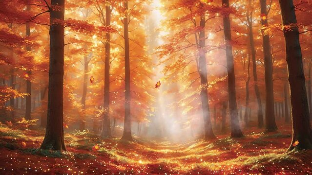 Transport yourself to the heart of an autumn forest during the day, where sunlight paints a stunning picture in this captivating 4k looping video background.