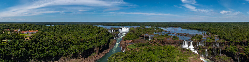 Panorama of Iguazu Falls from drone. Iguazú Falls, Iguaçu Waterfall aerial view