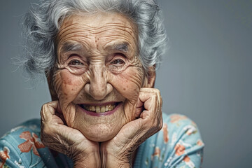 Timeless beauty of an 80-year-old senior woman in a close-up studio portrait, showcasing her radiant smile and joyful demeanor against a neutral gray background