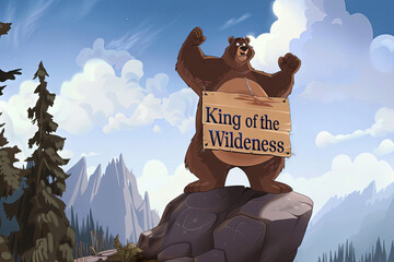 a cartoon bear standing atop a rocky cliff, holding bug sign reading "King of the Wilderness," as it surveys its domain with a powerful presence.