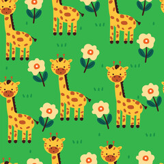 Naklejka premium seamless pattern cartoon giraffe with flower, plant. cute animal wallpaper for textile, gift wrap paper