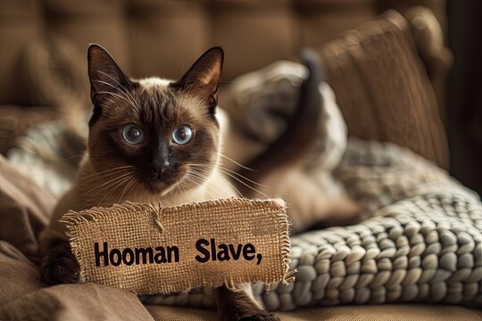 sleek Siamese cat lounging on a plush cushion, holding a sign that reads "Hooman Slave" as it gazes imperiously at its human companion, demanding attention and treats with regal disdain
