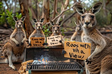 group of rowdy kangaroos gathered around a barbecue grill, each holding a sign that says "Roos with a View" as they enjoy a quintessentially Australian cookout