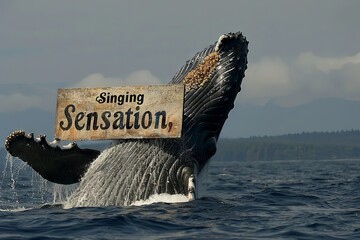 humpback whale breaching the surface of the ocean, holding a sign reading 