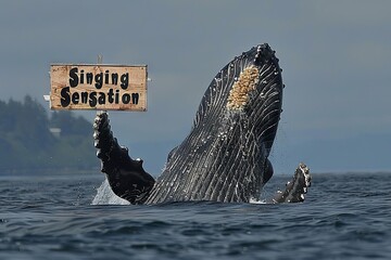 humpback whale breaching the surface of the ocean, holding a sign reading "Singing Sensation" as it belts out a melodious tune that echoes across the waves