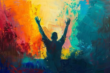 Spiritual Uplift Man with Raised Hands in Worship Artwork - obrazy, fototapety, plakaty