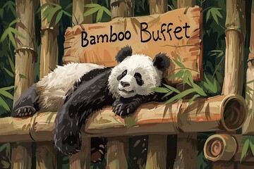 laid-back panda reclining against a bamboo backdrop, its sign reading "Bamboo Buffet" as it dines on an endless supply of its favorite snack
