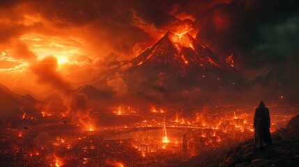 fiery volcano eruption landscape