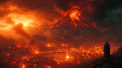 Fotobehang Donkerrood fiery volcano eruption landscape
