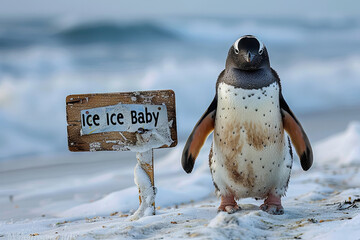 dapper penguin waddling across an icy landscape, its sign reading 