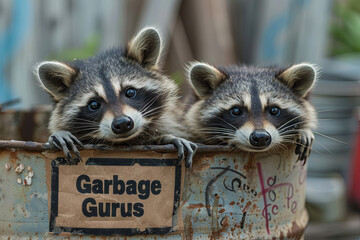 pair of mischievous raccoons peeking out from a trash can, their signs reading "Garbage Gurus," as they revel in their dumpster-diving expertise
