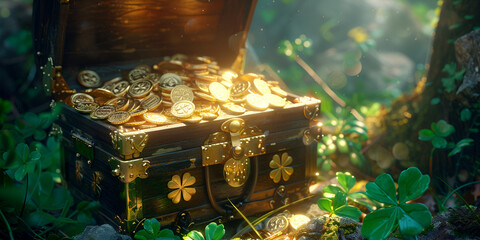 A treasure chest filled with gold coins is discovered in a mystical fairy forest cave
 - obrazy, fototapety, plakaty