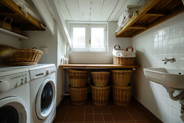 Modern white laundry room wicker baskets and washing machine 
