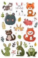 Adorable animal paper sticker set featuring a cat, rabbit, bear, pig, and frog, perfect for embellishing notebooks and planners, designed in a cute, flat design vector illustration, minimalist cartoon