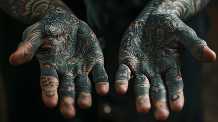 fully tattooed hands - obrazy, fototapety, plakaty