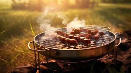 Barbecue in nature in sunny weather in backlight sun, meat, sausages, food on an open fire, spring summer picnic, cooking, Generative AI - obrazy, fototapety, plakaty