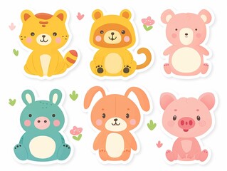 Bright and cheerful paper sticker set, including a kitten, bunny, bear, pig, and frog, designed to beautify checklists, cards, and notepad sheets, in a cute, flat design vector illustration, minimalis