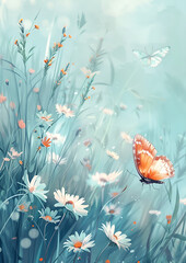 Obraz na płótnie Canvas Beautiful spring background with wild flowers daisies, blue grass and butterfly on the meadow, Generative AI