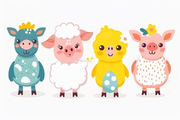Obraz premium Brighten any childs day with this farm animal set, where each pig, cow, sheep, and hen wears a round, cheerful expression, along with a cute egg, on a white isolated background. 