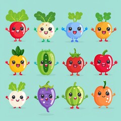 Brighten up learning with these charming vegetable characters, from root to pepper, each vegetable icon sports a cheerful smile, eyes, hands, and legs, rendered in a cute cartoon kawaii style, ideal f