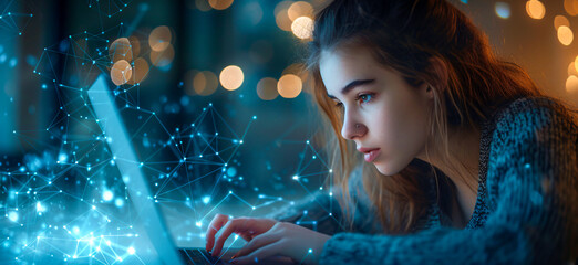 Woman working late using technology, highlighting the integration of digital tools in modern life