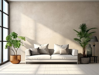 Interior living room with sofa and decorations. Scandinavian design. Generative AI.