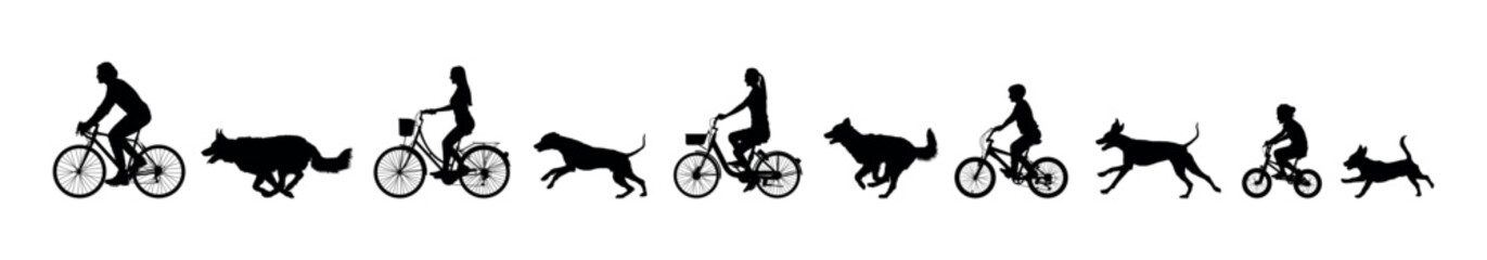 Fototapeta na wymiar Parent and children cycling together with dogs side view silhouettes set