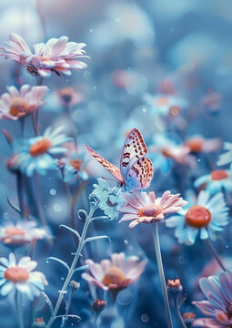 Fototapeta Beautiful spring background with butterfly, wild flowers, daisies and blue grass on meadow. Beautiful nature scene with space, Generative AI